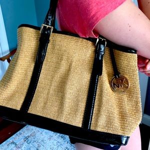 Michael Kors Raffia and Black Patent Leather Tote Bag